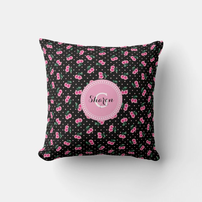 Retro girly black pink cherry patterns monogram cushion (Front)