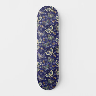 Retro Girly Blue Butterfly Pattern Wide Skateboard