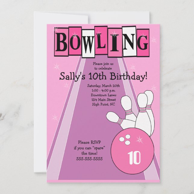 Retro Girly Pink Birthday Bowling Party Invite (Front)