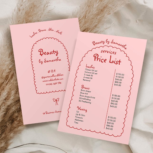 Retro Girly Pink & Red Hand Drawn Boho Price List (Girly blush pink and red business price list )