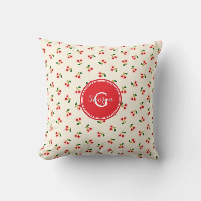 Retro girly red cherry patterns monogram cushion (Front)