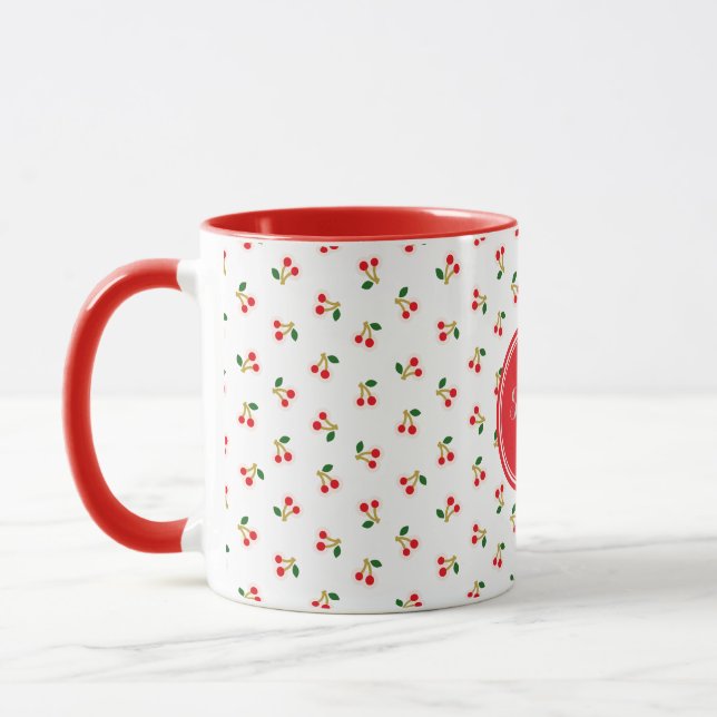 Retro girly red cherry patterns monogram mug (Left)