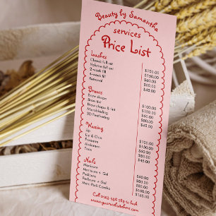 Retro Girly Red Pink Handwritten Salon Price List Rack Card