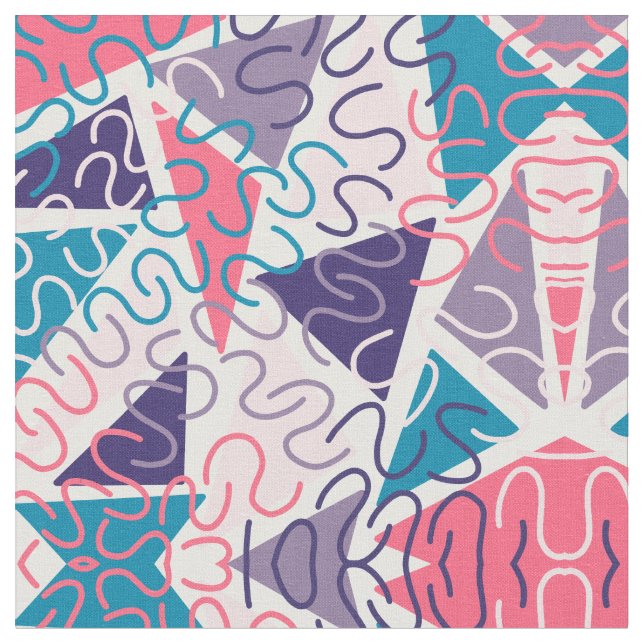 Retro Girly Squiggly Pink Triangle Geometric Art Fabric (Close Up)