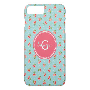 Retro girly turquoise cherry patterns monogram iPhone 8 plus/7 plus case