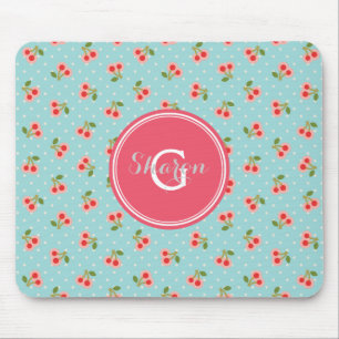 Retro girly turquoise cherry patterns monogram mouse pad