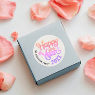 Retro Girly Vintage Happy New Year Pink Script   Classic Round Sticker