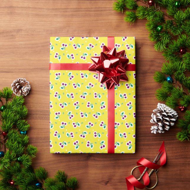 Retro girly yellow green cherry pattern gift wrap (Holiday Gift)