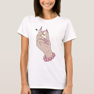 Retro Glam Hand Illustration Pink Nails Smoking T-Shirt