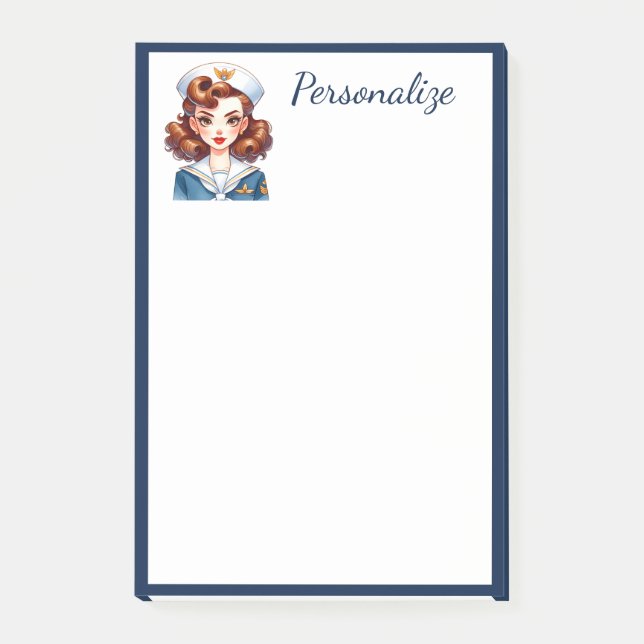 Retro Glam Navy Girl Blue Border Personalise Post-it Notes (Front)