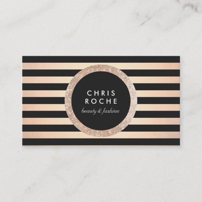 Retro Glam Rose Gold and Black Stripes Business Card (Front)