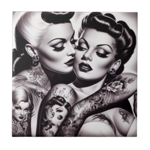 Retro Glam Tattoo Girls Ceramic Tile
