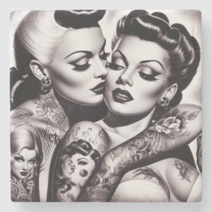 Retro Glam Tattoo Girls Stone Coaster