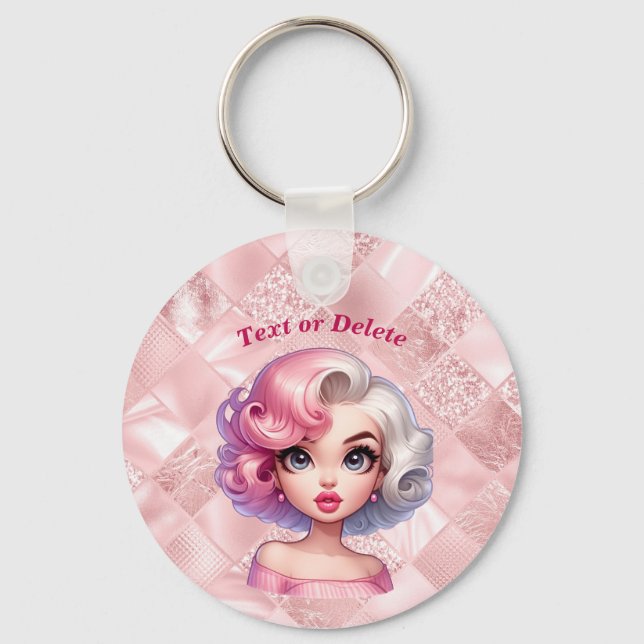 Retro Glamour Girl Animated Cute Cartoon Beauty Key Ring (Front)