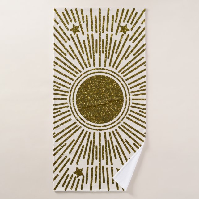 Retro glitter, golden sun with rays bath towel (Bath Towel)