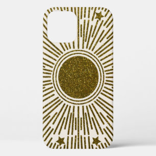 Retro glitter, golden sun with rays iPhone 12 case