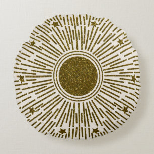 Retro glitter, golden sun with rays round cushion