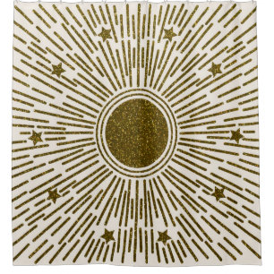 Retro glitter, golden sun with rays shower curtain