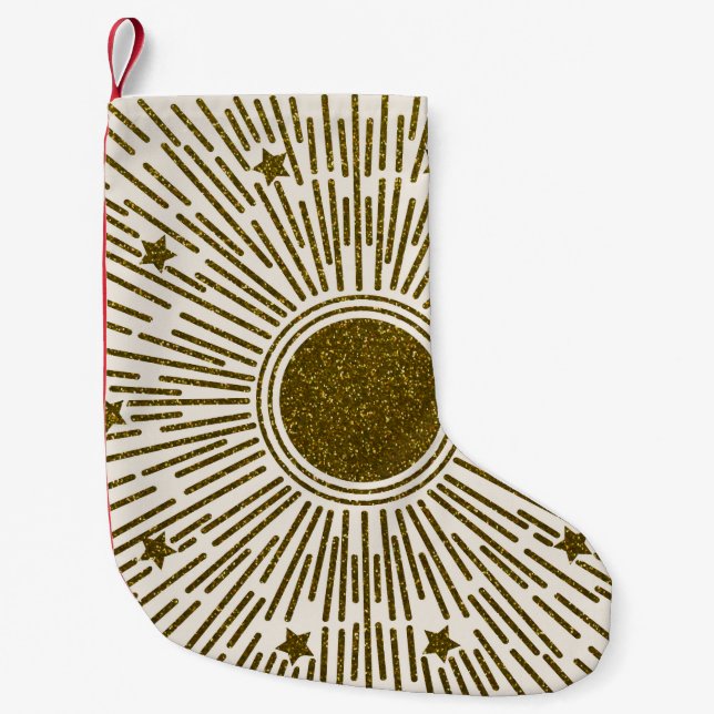 Retro glitter, golden sun with rays small christmas stocking (Front)