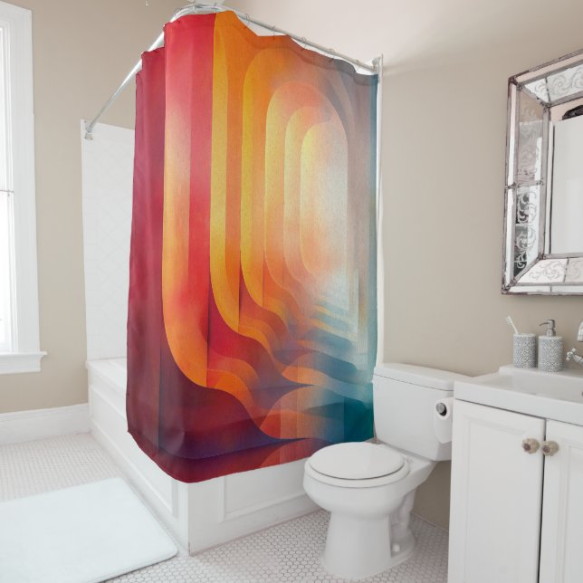 Retro Glow Arches – Abstract Mid-Century Shower Curtain (In Situ)