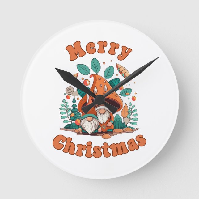 Retro Gnome Christmas Round Clock (Front)