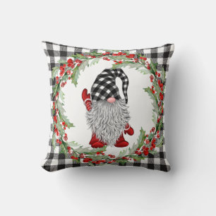 Retro Gnomes Christmas Holly Berry Wreath Holiday Cushion