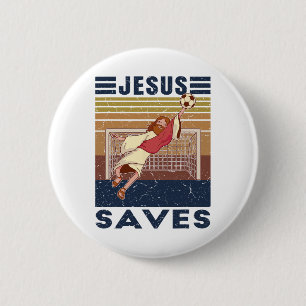 Retro Goalkeeper Jesus Saves Soccer Goal 6 Cm Round Badge