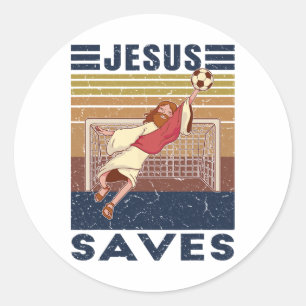 Retro Goalkeeper Jesus Saves Soccer Goal Classic Round Sticker