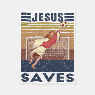 Retro Goalkeeper Jesus Saves Soccer Goal Fleece Blanket