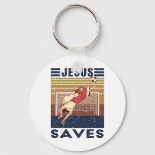 Retro Goalkeeper Jesus Saves Soccer Goal Key Ring