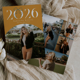 Retro Gold 2026 Coquette Bow Photo Graduation Announcement
