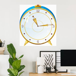 Retro Gold Alarm Clock with Blue Trim Timepiece  Poster