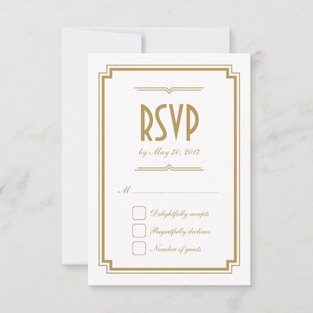 Retro Gold Art Deco Frame White Wedding RSVP Card (Front)