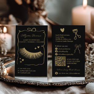 Retro gold black Doodles Lash Tech QR Code Business Card