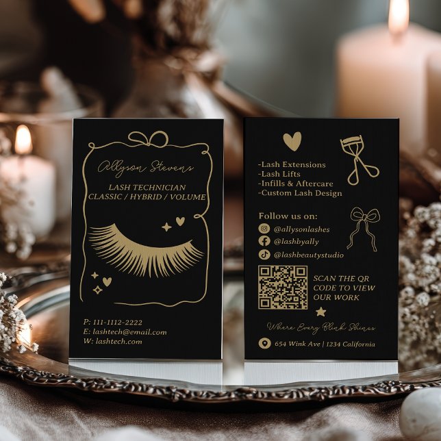 Retro gold black Doodles Lash Tech QR Code Business Card (Retro gold black Doodles Lash Tech QR Code Business Card)