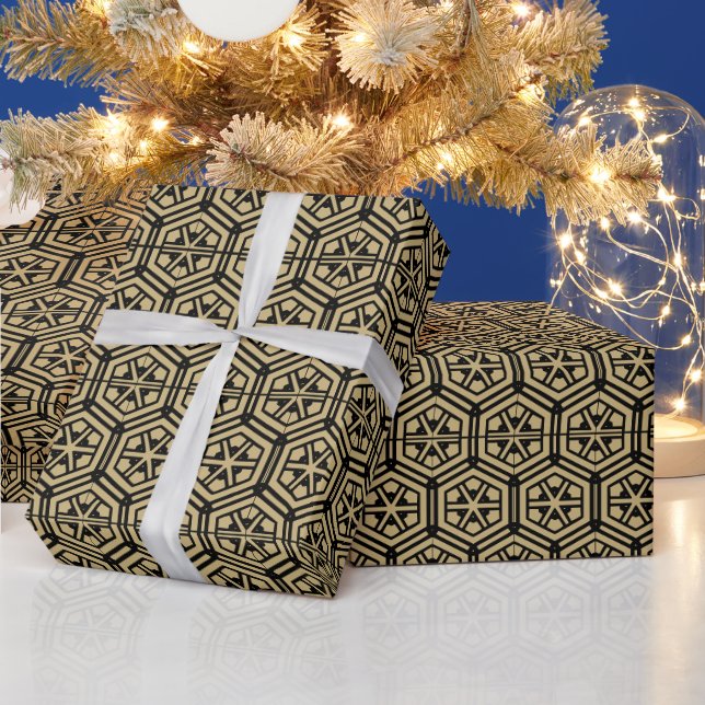 Retro gold black hexagonal geometric pattern wrapping paper (Holidays)