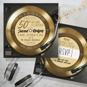 Retro Gold Black Vinyl Record Player 50th Birthday Invitation
