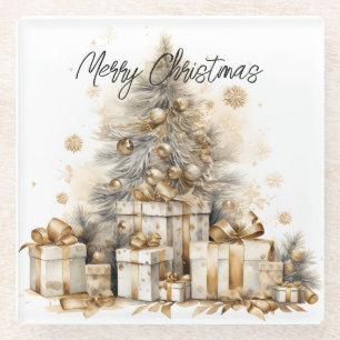 Retro Gold Christmas Tree Glass Coaster