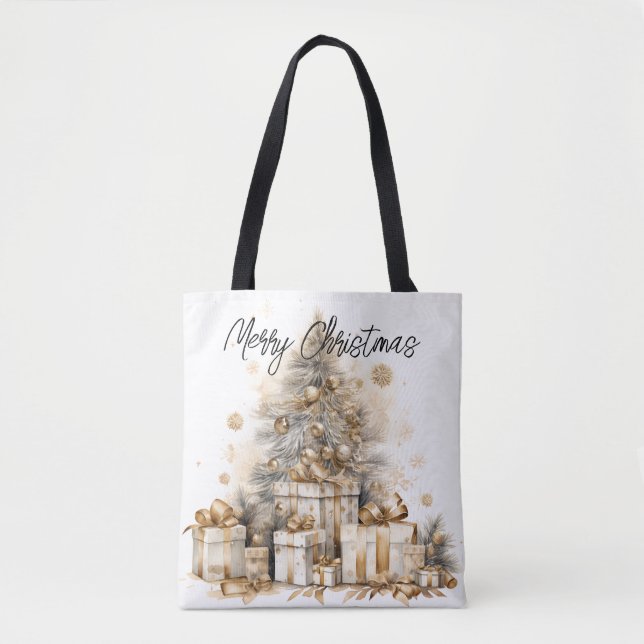 Retro Gold Christmas Tree Merry Christmas Tote Bag (Front)