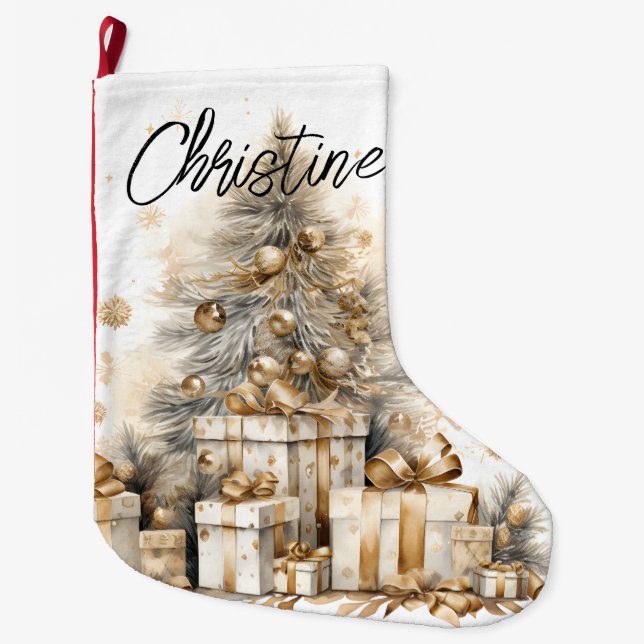 Retro Gold Christmas Tree Name Large Christmas Stocking (Front)