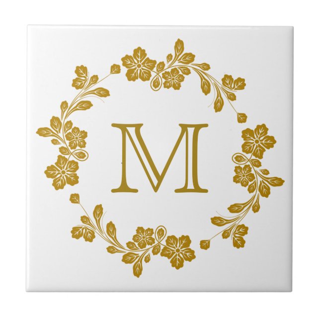 Retro Gold Floral Border Monogram Ceramic Tile (Front)