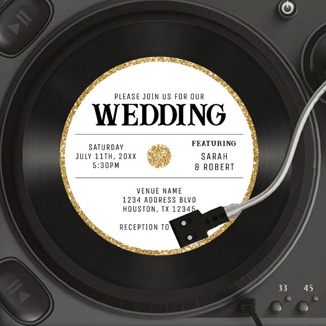 Retro Gold Glitter Vinyl Record Wedding Invitation (Retro Gold Glitter Vinyl Record Wedding Invitation)