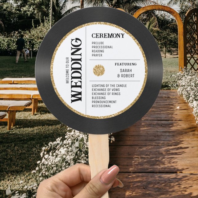 Retro Gold Glitter Vinyl Record Wedding Program Hand Fan (Retro Gold Glitter Vinyl Record Wedding Program Hand Fan
)