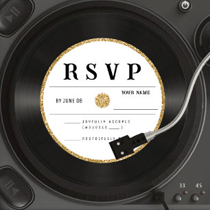 Retro Gold Glitter Vinyl Record Wedding RSVP Card