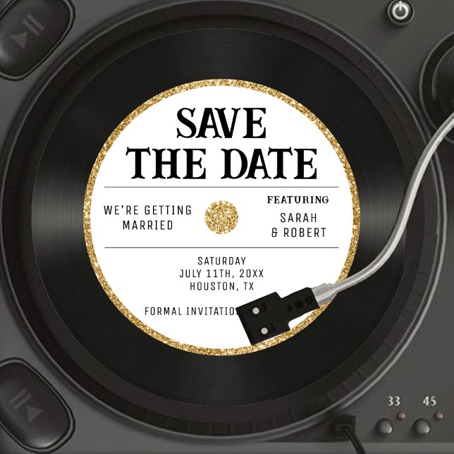 Retro Gold Glitter Vinyl Record Wedding Save The Date (Gold Glitter Border & White Wedding Details Enclosure Card
)