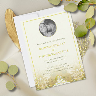 Retro Gold Green Damask 1 Photo Wedding Invitation
