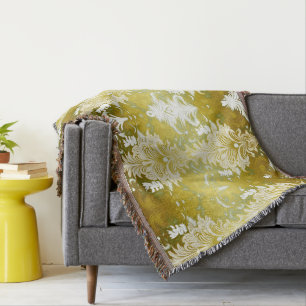 Retro Gold Green Damask Pattern Throw Blanket