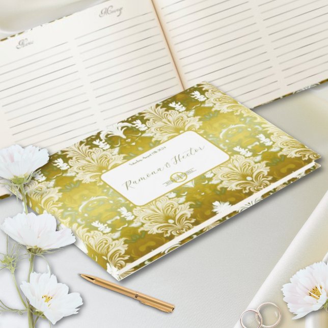 Retro Gold Green Damask Wedding Guest Book (Creator Uploaded)