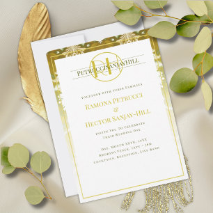 Retro Gold Green Damask Wedding Invitation