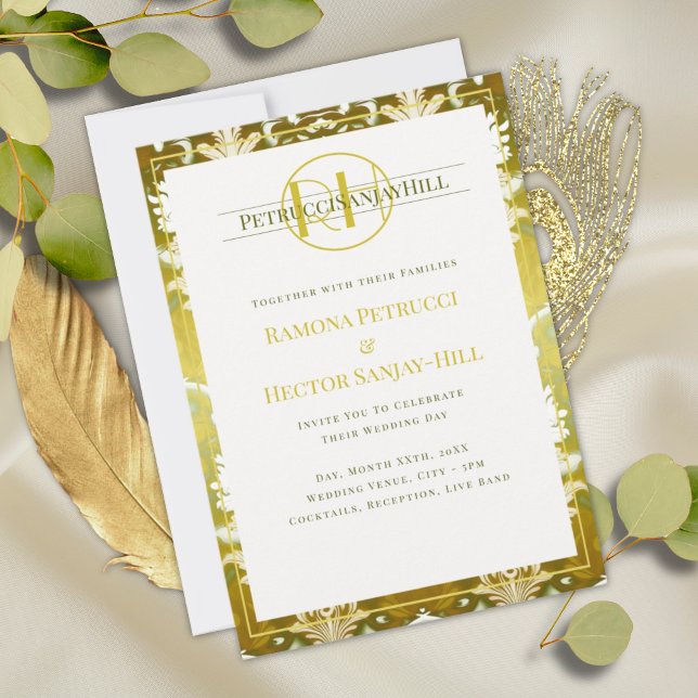 Retro Gold Green Damask Wedding Invitation (Creator Uploaded)